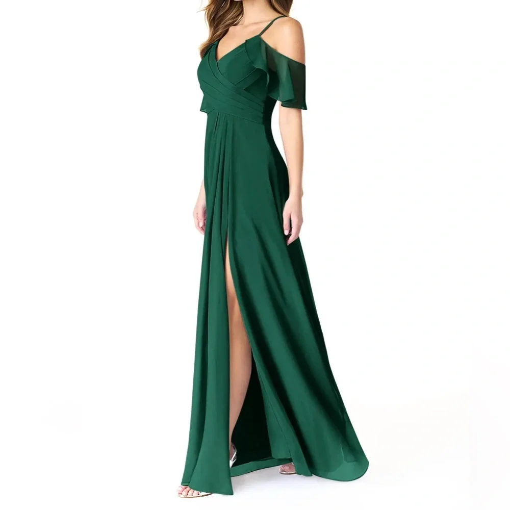 Azazie Dakota Emerald A-line V-neck pleated chiffon dress Cold Shoulder - Picture 5 of 7
